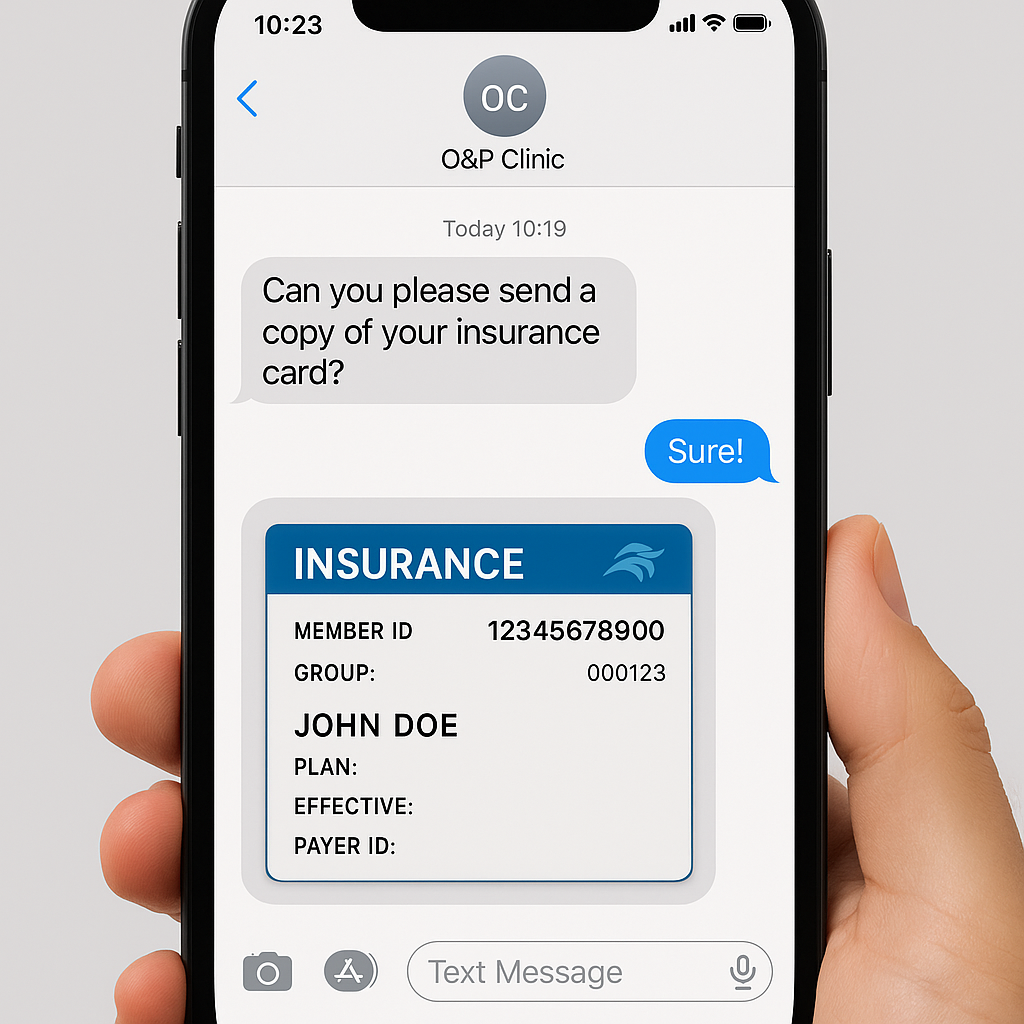 Create an image of a cell phone displaying a text message from OP Clinic asking for a copy of their insurance card and the patient response with an insurance card image-1