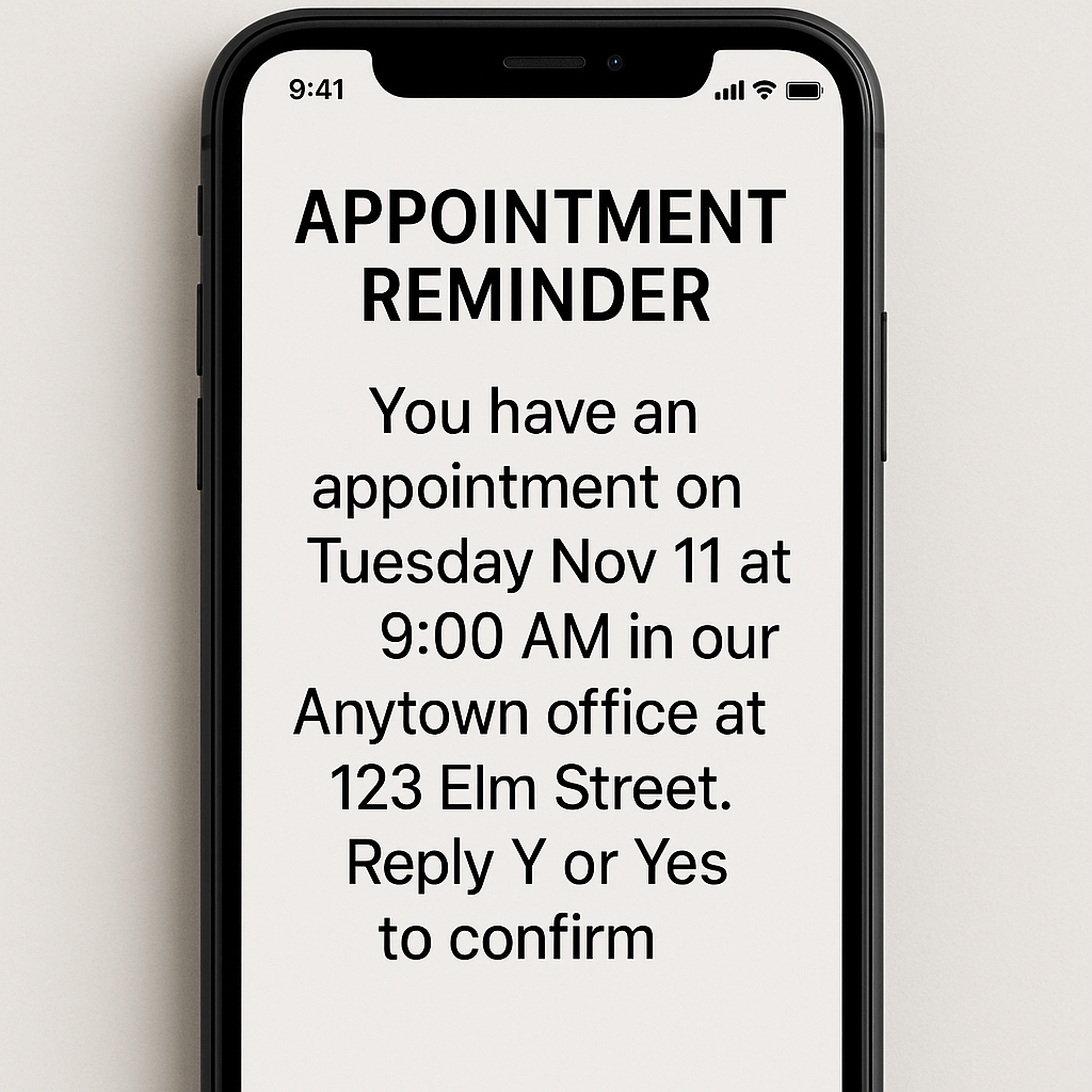 a sample appointment reminder displayed on a cell phone Have the text display a header Appointment Reminder and a body that says You have an appointment on Tuesday Nov 11 at 900 AM in our Anytown office at 123 Elm Street Reply Y or Yes to confirm-1